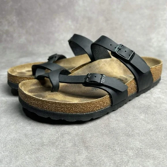 Birkenstock Mayari Womens 7 Sandals Slip On Strappy Black Leather Toe Loop EU 38 - Picture 1 of 9